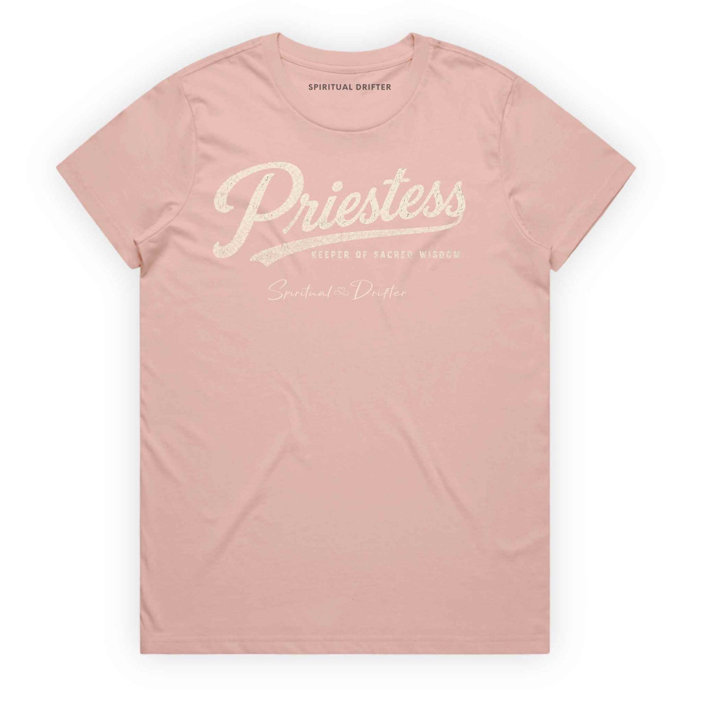 Pale Pink Spiritual Drifter “Priestess keeper of wisdom” graphic 100% cotton t-shirt. Spiritual lifestyle, positive vibes, aligned, positive mindset, conscious living & yoga clothing. Spiritual apparel inspired by modern mysticism, meditation, manifestation, sacred medicine and conscious living. Yoga and meditation clothing for awakened souls.