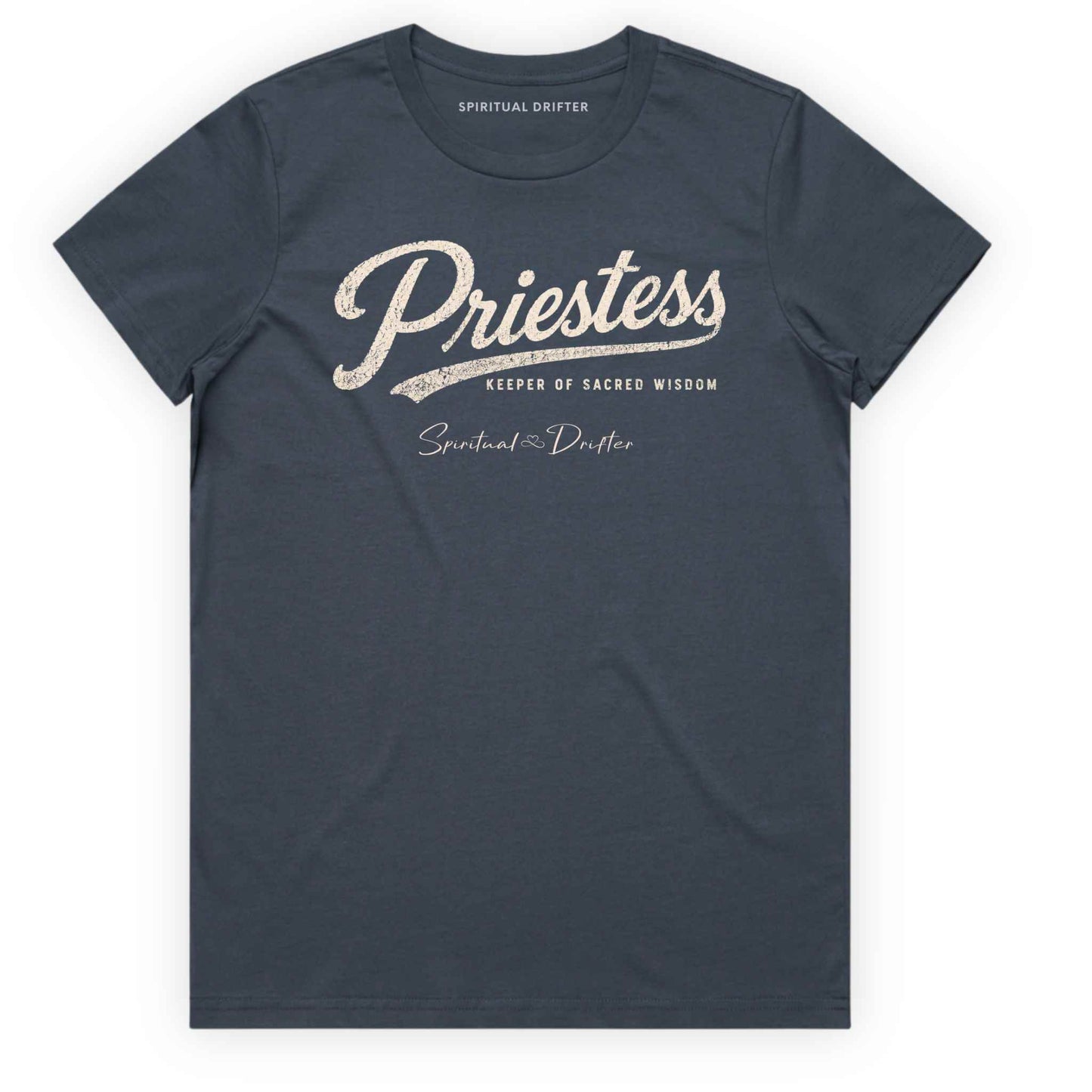Petrol Blue Spiritual Drifter “Priestess keeper of wisdom” graphic 100% cotton t-shirt. Spiritual lifestyle, positive vibes, aligned, positive mindset, conscious living & yoga clothing. Spiritual apparel inspired by modern mysticism, meditation, manifestation, sacred medicine and conscious living. Yoga and meditation clothing for awakened souls.