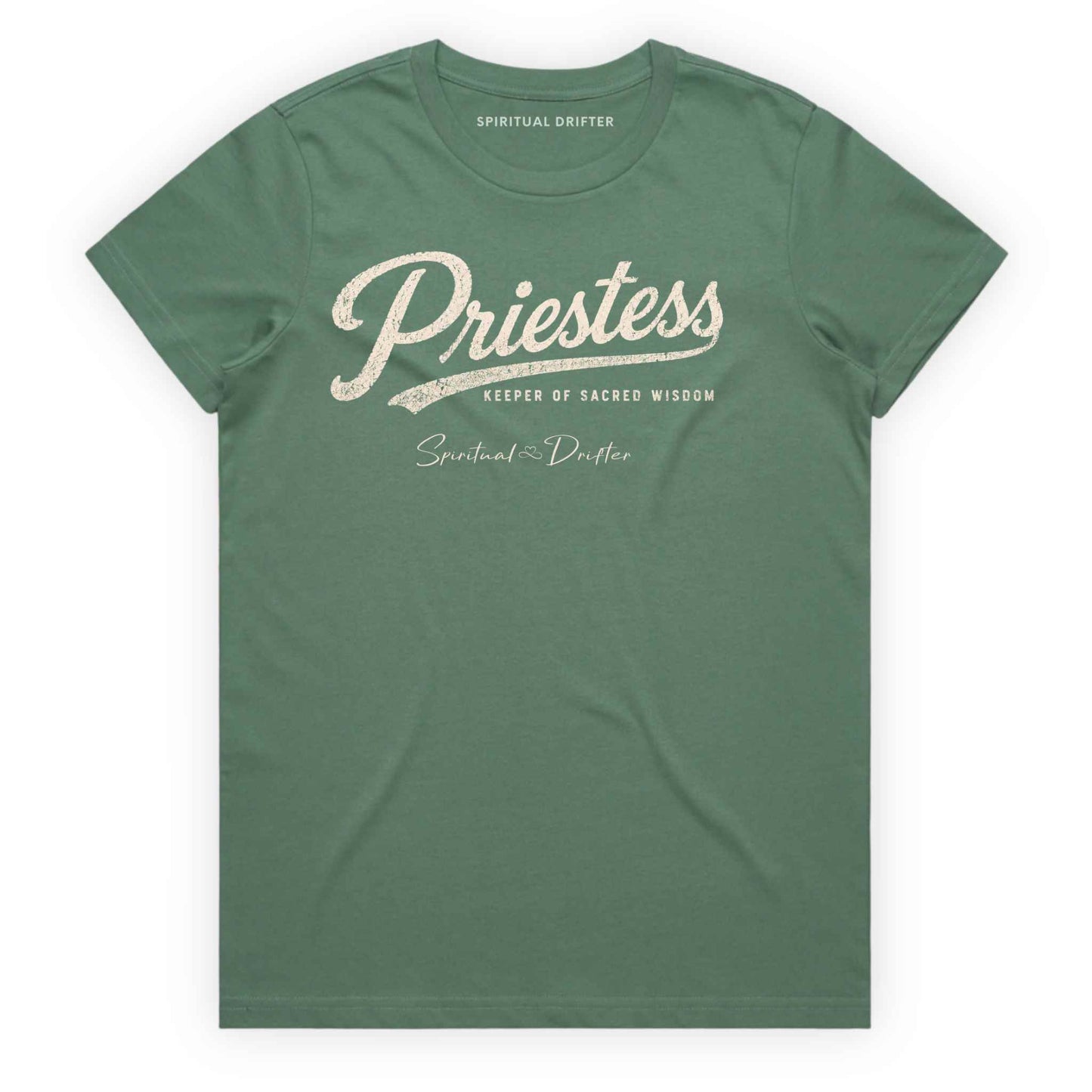 Sage Green Spiritual Drifter “Priestess keeper of wisdom” graphic 100% cotton t-shirt. Spiritual lifestyle, positive vibes, aligned, positive mindset, conscious living & yoga clothing. Spiritual apparel inspired by modern mysticism, meditation, manifestation, sacred medicine and conscious living. Yoga and meditation clothing for awakened souls.
