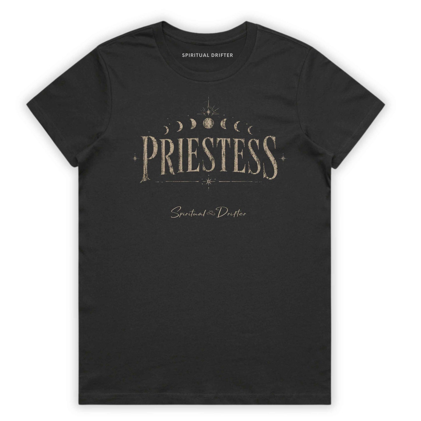 Spiritual Drifter “Priestess Lunar Cycle” graphic classic t shirt in charcoal gray. Elevated spiritual apparel inspired by meditation, mindfulness, yoga, positive vibes, law of attraction and conscious living. Become the Priestess in this elevated natural fashion tee for women.