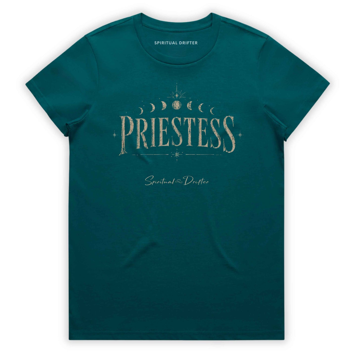 Spiritual Drifter “Priestess Lunar Cycle” graphic classic t shirt in teal. Elevated spiritual apparel inspired by meditation, mindfulness, yoga, positive vibes, law of attraction and conscious living. Become the Priestess in this elevated natural fashion tee for women.