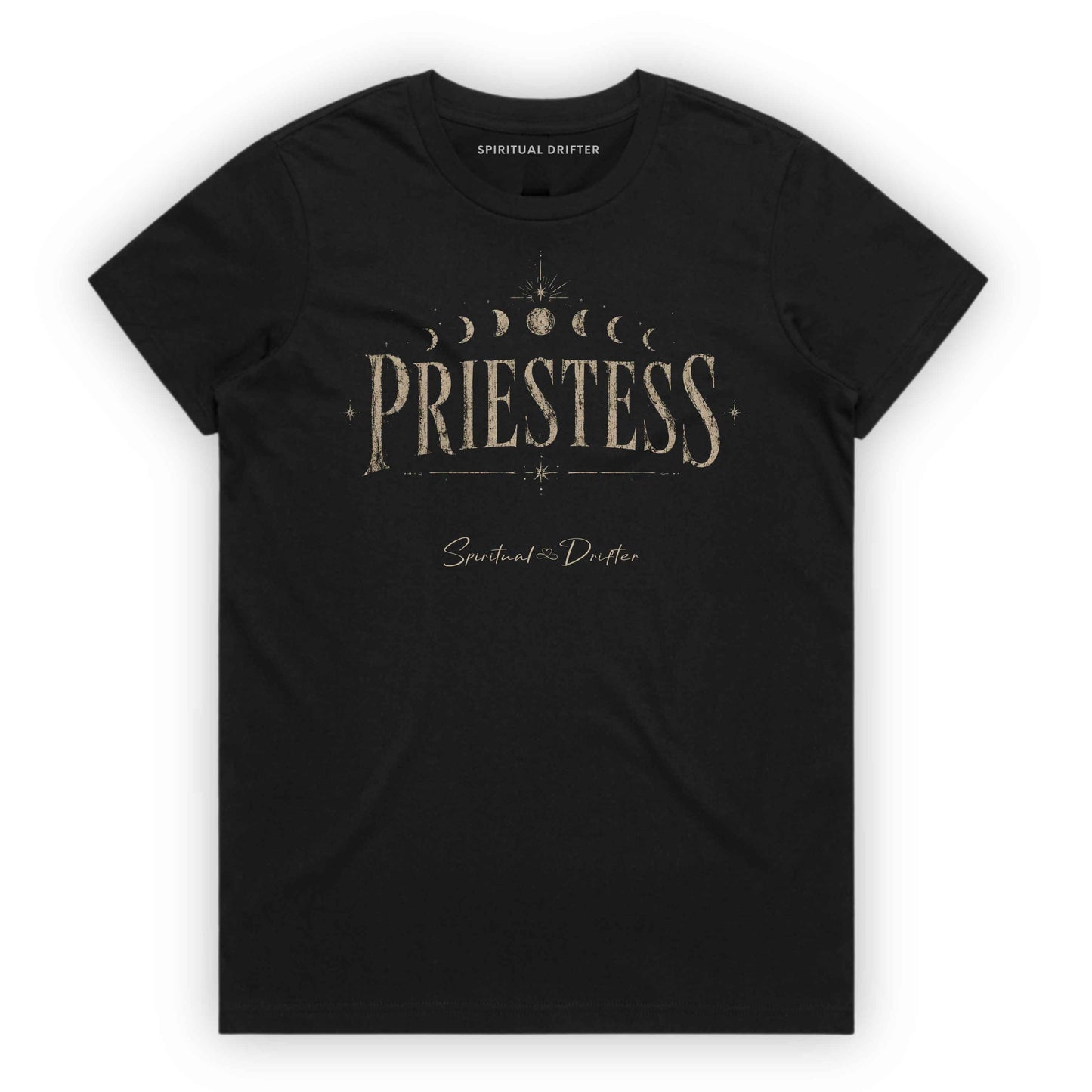 Spiritual Drifter “Priestess Lunar Cycle” graphic classic t shirt in black. Elevated spiritual apparel inspired by meditation, mindfulness, yoga, positive vibes, law of attraction and conscious living. Become the Priestess in this elevated natural fashion tee for women.