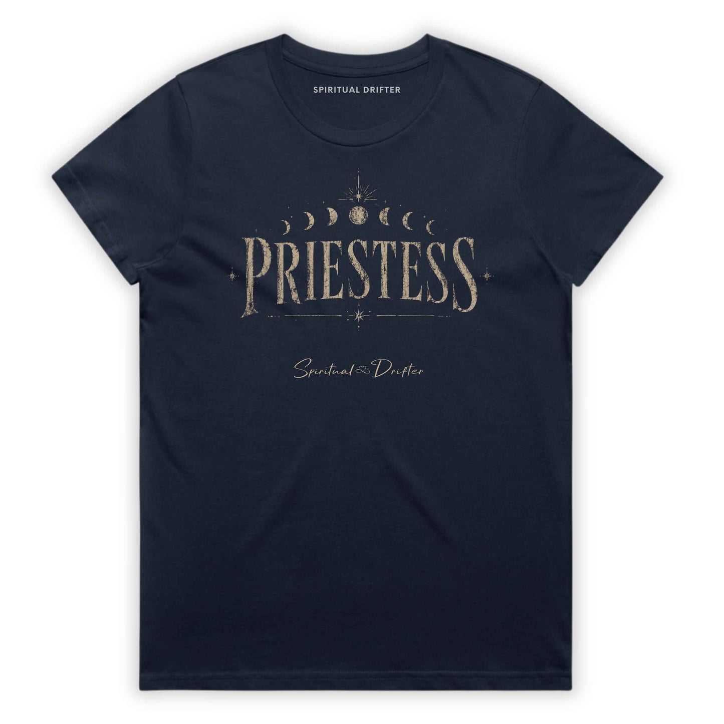 Spiritual Drifter “Priestess Lunar Cycle” graphic classic t shirt in midnight blue. Elevated spiritual apparel inspired by meditation, mindfulness, yoga, positive vibes, law of attraction and conscious living. Become the Priestess in this elevated natural fashion tee for women.
