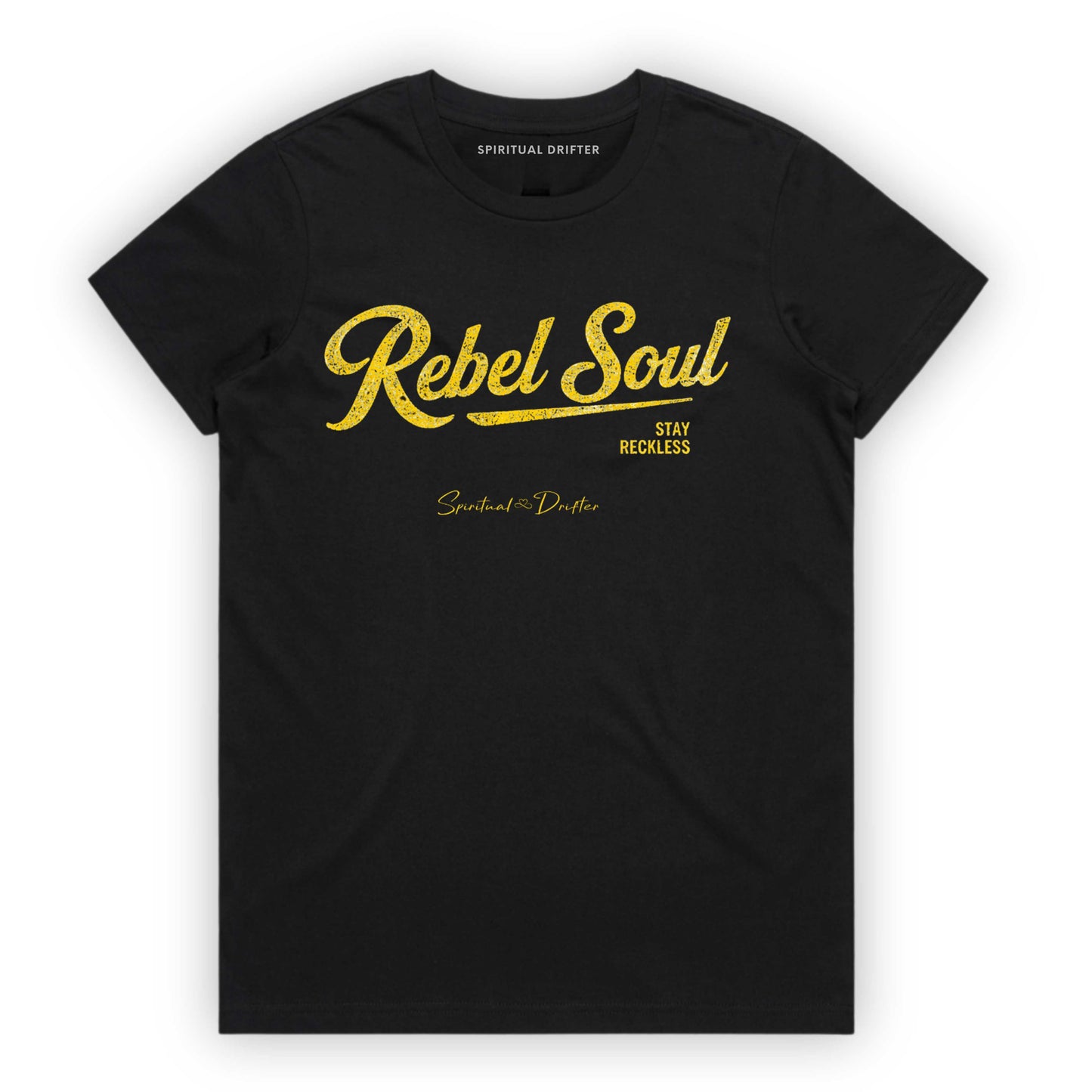 Black Spiritual Drifter t-shirt with 'Rebel Soul' text on a white background Elevated spiritual apparel inspired by awakening, meditation, mindfulness, yoga, law of attraction and conscious living.