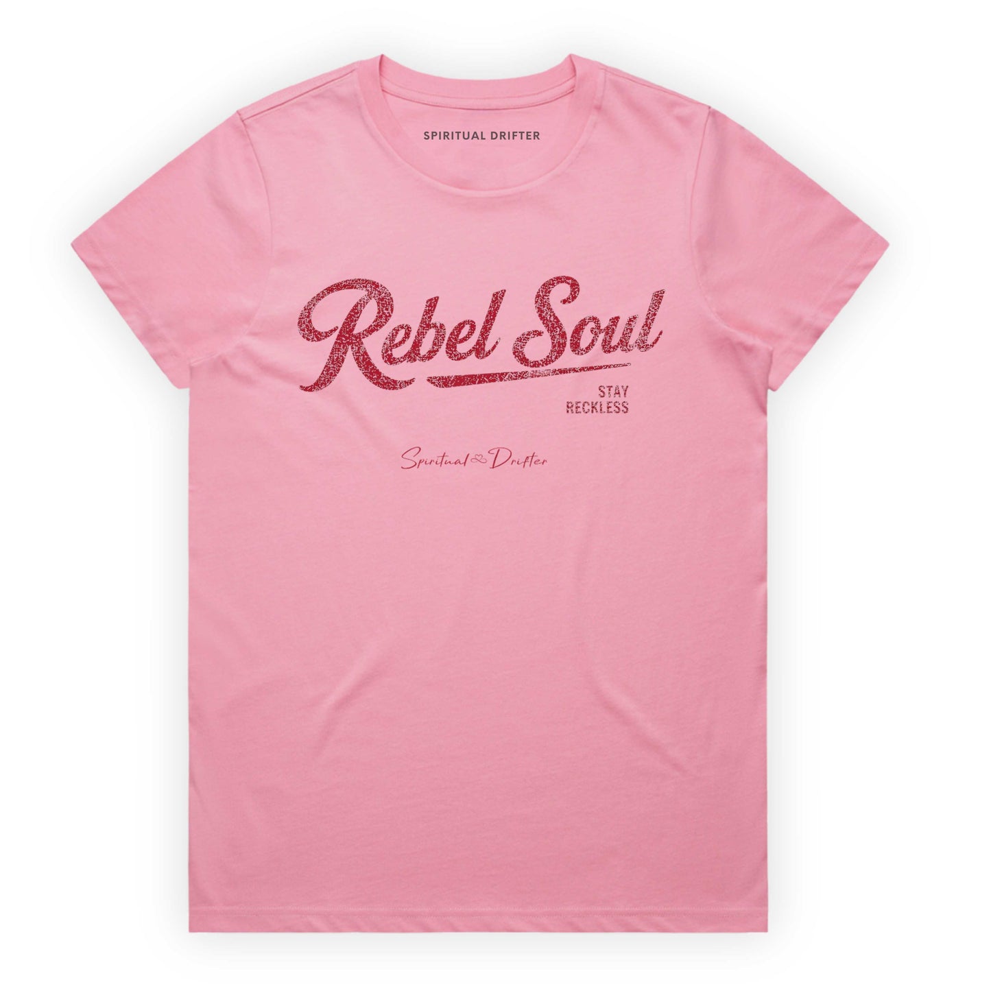 Bubblegum Pink Spiritual Drifter t-shirt with 'Rebel Soul' text on a white background Elevated spiritual apparel inspired by awakening, meditation, mindfulness, yoga, law of attraction and conscious living.