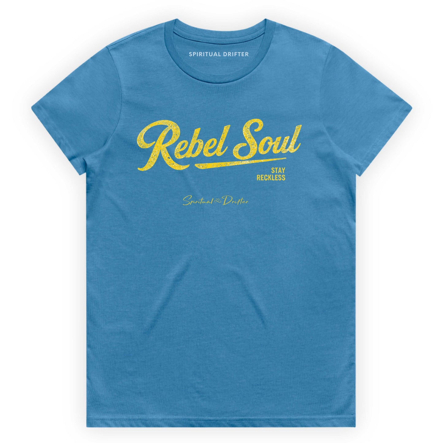 Hydro Blue Spiritual Drifter t-shirt with 'Rebel Soul' text on a white background Elevated spiritual apparel inspired by awakening, meditation, mindfulness, yoga, law of attraction and conscious living.