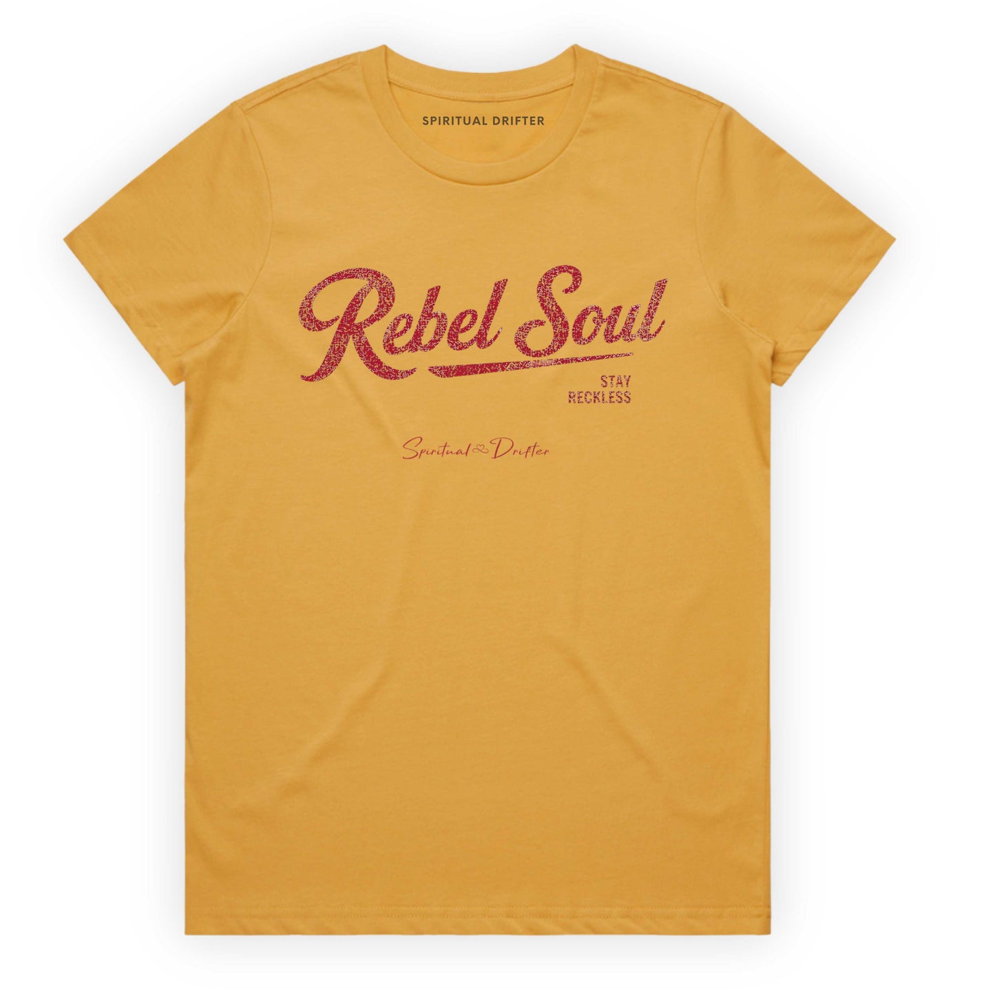 Mustard Yellow Spiritual Drifter t-shirt with 'Rebel Soul' text on a white background Elevated spiritual apparel inspired by awakening, meditation, mindfulness, yoga, law of attraction and conscious living.