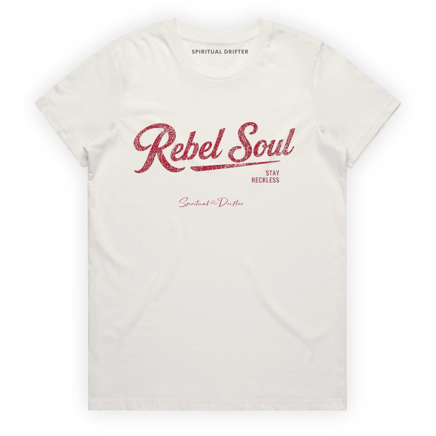 White Spiritual Drifter t-shirt with red 'Rebel Soul' text on a white background Elevated spiritual apparel inspired by awakening, meditation, mindfulness, yoga, law of attraction and conscious living.