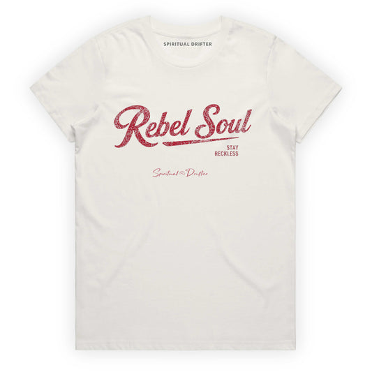 White Spiritual Drifter t-shirt with red 'Rebel Soul' text on a white background Elevated spiritual apparel inspired by awakening, meditation, mindfulness, yoga, law of attraction and conscious living.