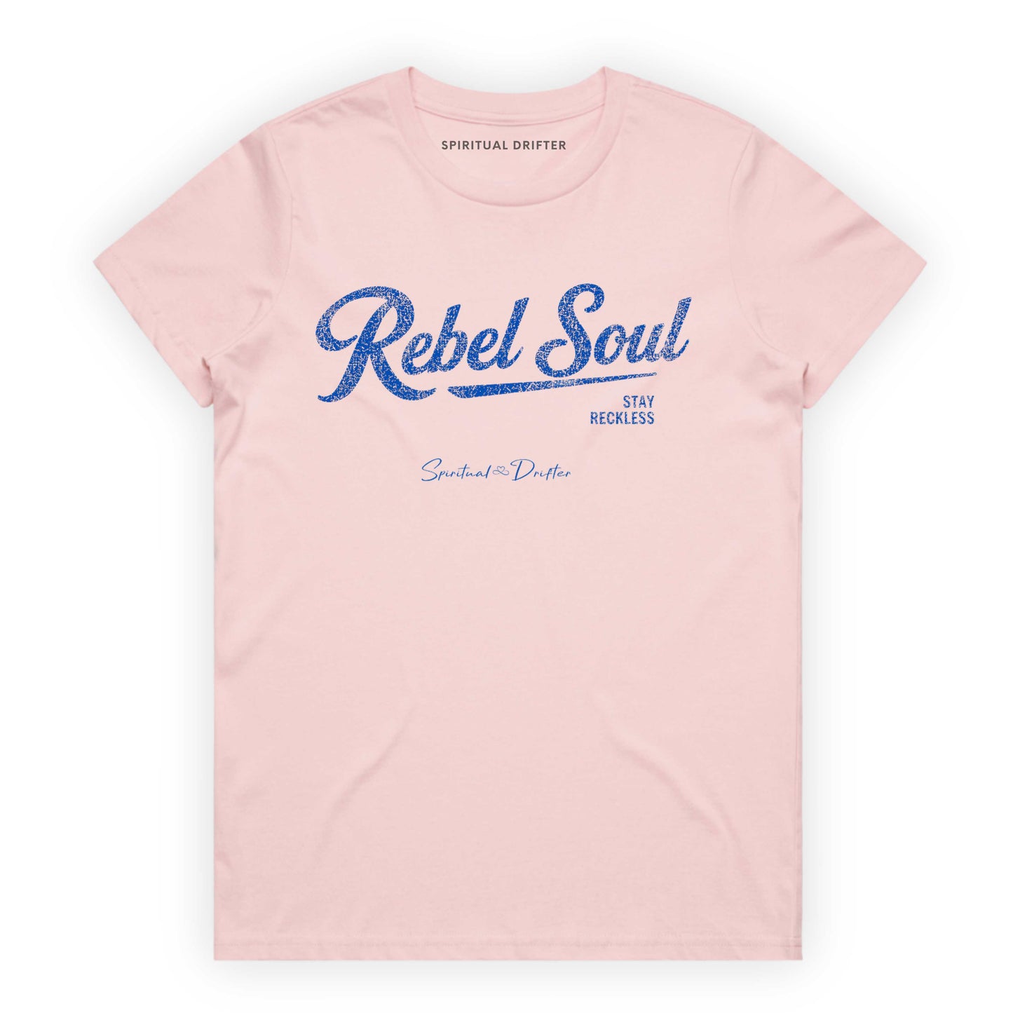 Pink Spiritual Drifter t-shirt with 'Rebel Soul' text on a white background Elevated spiritual apparel inspired by awakening, meditation, mindfulness, yoga, law of attraction and conscious living.