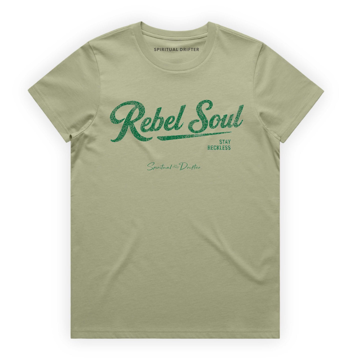 Pistachio Green Spiritual Drifter t-shirt with red 'Rebel Soul' text on a white background Elevated spiritual apparel inspired by awakening, meditation, mindfulness, yoga, law of attraction and conscious living.