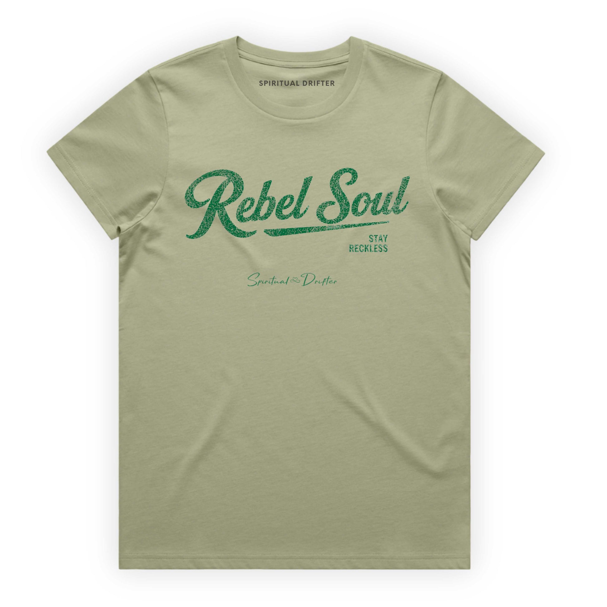 Pistachio Green Spiritual Drifter t-shirt with red 'Rebel Soul' text on a white background Elevated spiritual apparel inspired by awakening, meditation, mindfulness, yoga, law of attraction and conscious living.