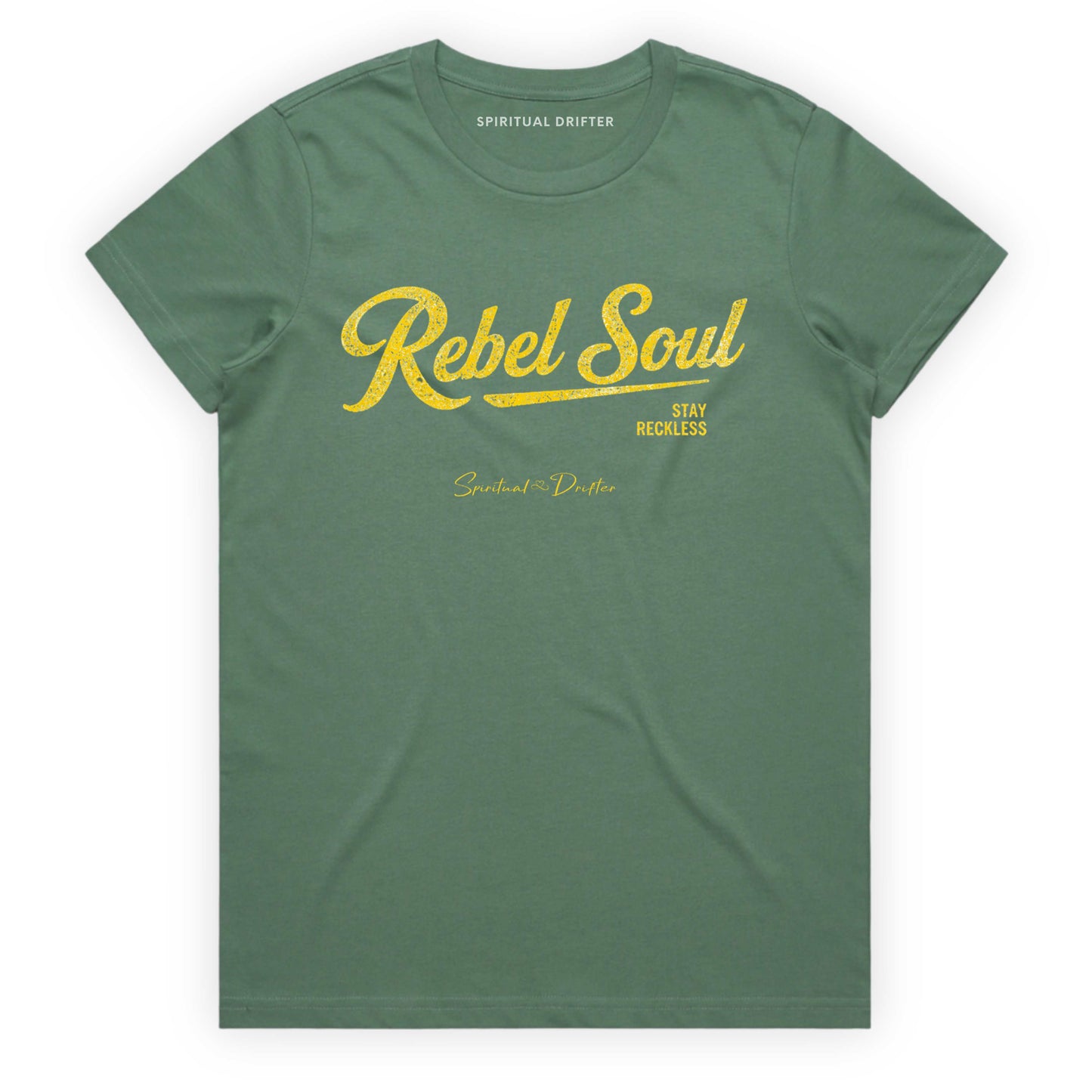Green Spiritual Drifter t-shirt with 'Rebel Soul' text on a white background Elevated spiritual apparel inspired by awakening, meditation, mindfulness, yoga, law of attraction and conscious living.