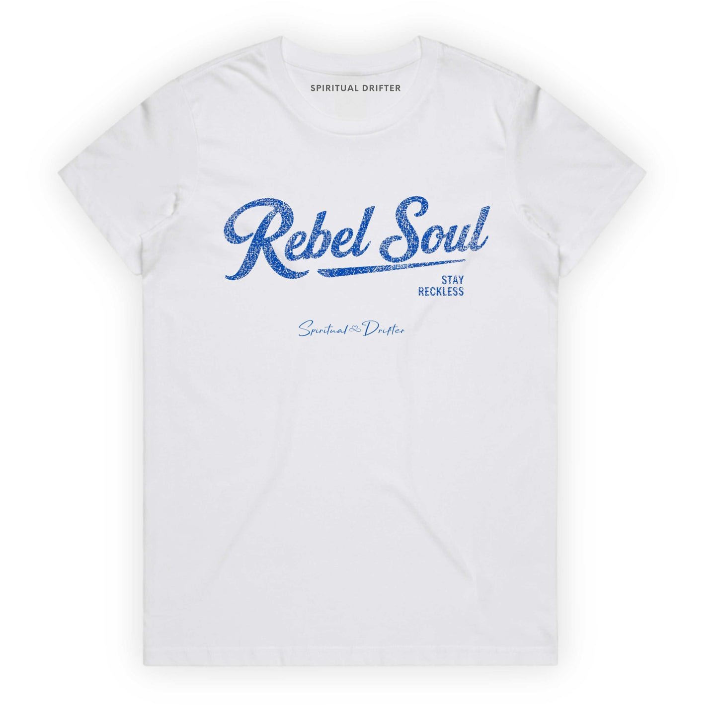White Spiritual Drifter t-shirt with 'Rebel Soul' text on a white background Elevated spiritual apparel inspired by awakening, meditation, mindfulness, yoga, law of attraction and conscious living.