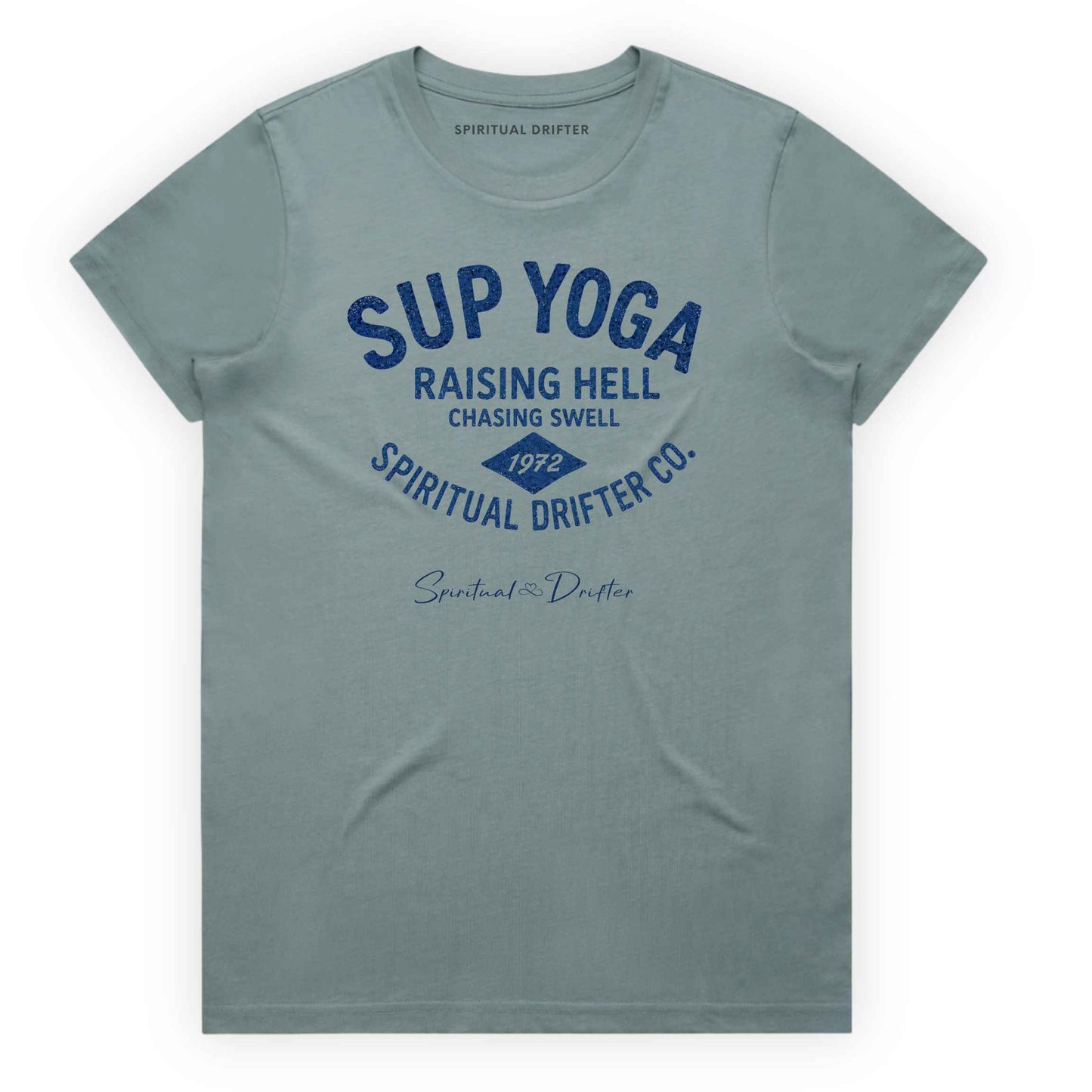 Mineral Spiritual Drifter  t-shirt with blue text "SUP YOGA, raising hell chasing swell, spiritual drifter co."and branding on a white background. Spiritual lifestyle, positive vibes, aligned, positive mindset, conscious living & yoga clothing. Spiritual apparel inspired by modern mysticism, meditation, manifestation, sacred medicine and conscious living. Yoga and meditation clothing for awakened souls.