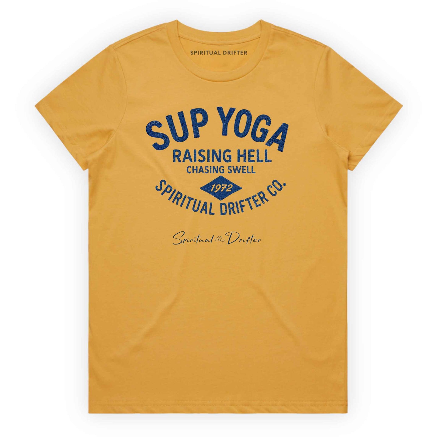 Mustard Yellow Spiritual Drifter  t-shirt with blue text "SUP YOGA, raising hell chasing swell, spiritual drifter co."and branding on a white background. Spiritual lifestyle, positive vibes, aligned, positive mindset, conscious living & yoga clothing. Spiritual apparel inspired by modern mysticism, meditation, manifestation, sacred medicine and conscious living. Yoga and meditation clothing for awakened souls.