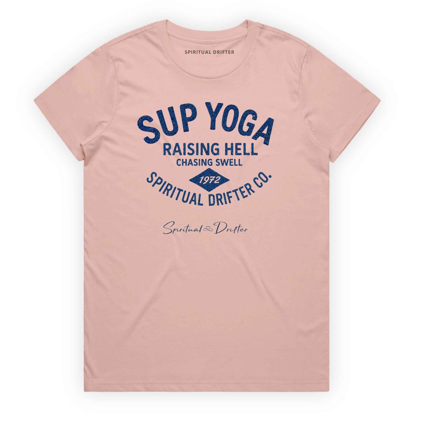 Pink Spiritual Drifter  t-shirt with blue text "SUP YOGA, raising hell chasing swell, spiritual drifter co."and branding on a white background. Spiritual lifestyle, positive vibes, aligned, positive mindset, conscious living & yoga clothing. Spiritual apparel inspired by modern mysticism, meditation, manifestation, sacred medicine and conscious living. Yoga and meditation clothing for awakened souls.