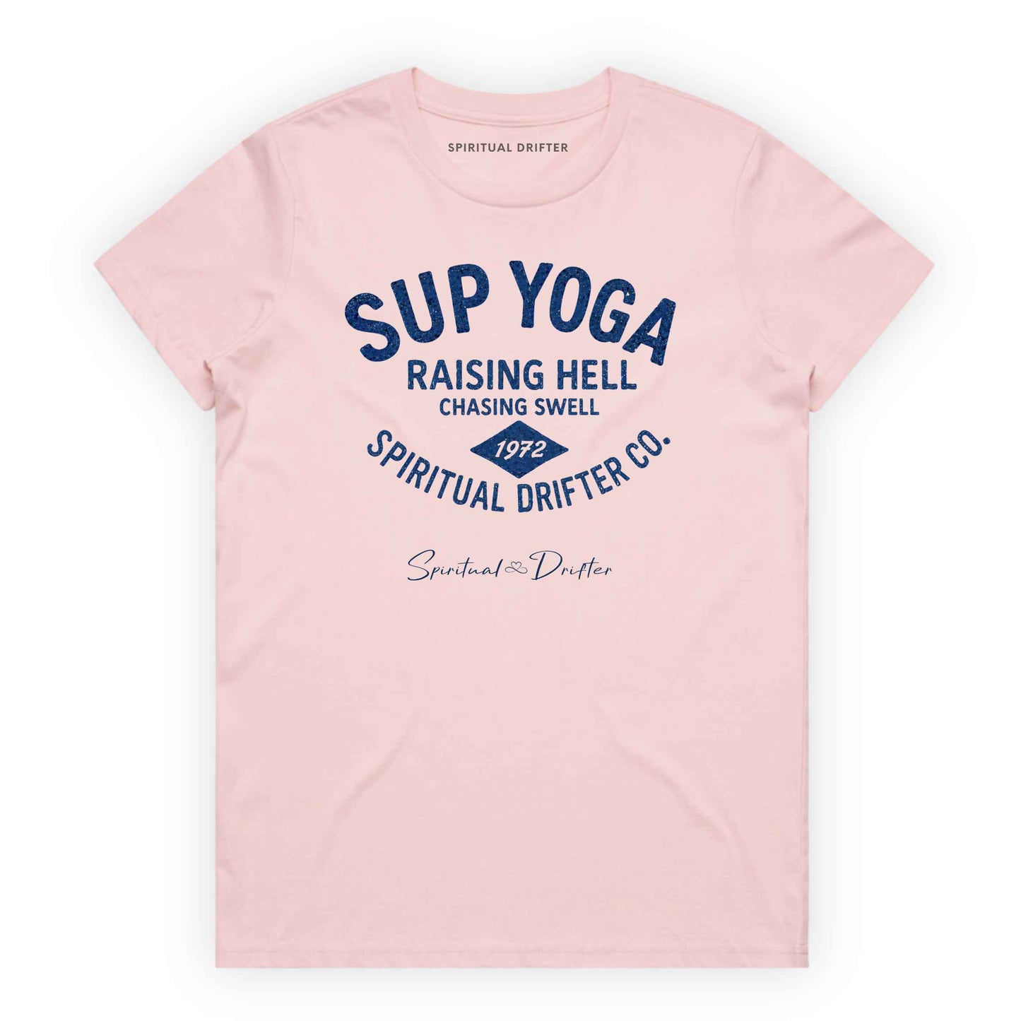 Light Pink Spiritual Drifter  t-shirt with blue text "SUP YOGA, raising hell chasing swell, spiritual drifter co."and branding on a white background. Spiritual lifestyle, positive vibes, aligned, positive mindset, conscious living & yoga clothing. Spiritual apparel inspired by modern mysticism, meditation, manifestation, sacred medicine and conscious living. Yoga and meditation clothing for awakened souls.