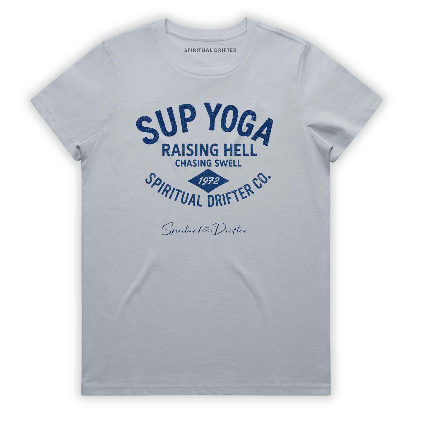 Powder light grey Spiritual Drifter  t-shirt with blue text "SUP YOGA, raising hell chasing swell, spiritual drifter co."and branding on a white background. Spiritual lifestyle, positive vibes, aligned, positive mindset, conscious living & yoga clothing. Spiritual apparel inspired by modern mysticism, meditation, manifestation, sacred medicine and conscious living. Yoga and meditation clothing for awakened souls.
