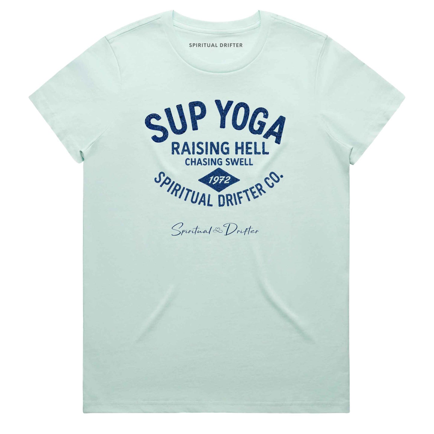 Seafood Spiritual Drifter  t-shirt with blue text "SUP YOGA, raising hell chasing swell, spiritual drifter co."and branding on a white background. Spiritual lifestyle, positive vibes, aligned, positive mindset, conscious living & yoga clothing. Spiritual apparel inspired by modern mysticism, meditation, manifestation, sacred medicine and conscious living. Yoga and meditation clothing for awakened souls.