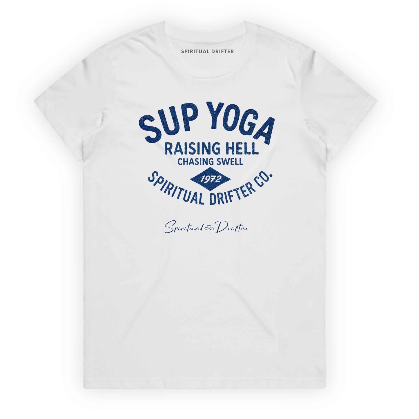 White Spiritual Drifter  t-shirt with blue text "SUP YOGA, raising hell chasing swell, spiritual drifter co."and branding on a white background. Spiritual lifestyle, positive vibes, aligned, positive mindset, conscious living & yoga clothing. Spiritual apparel inspired by modern mysticism, meditation, manifestation, sacred medicine and conscious living. Yoga and meditation clothing for awakened souls.