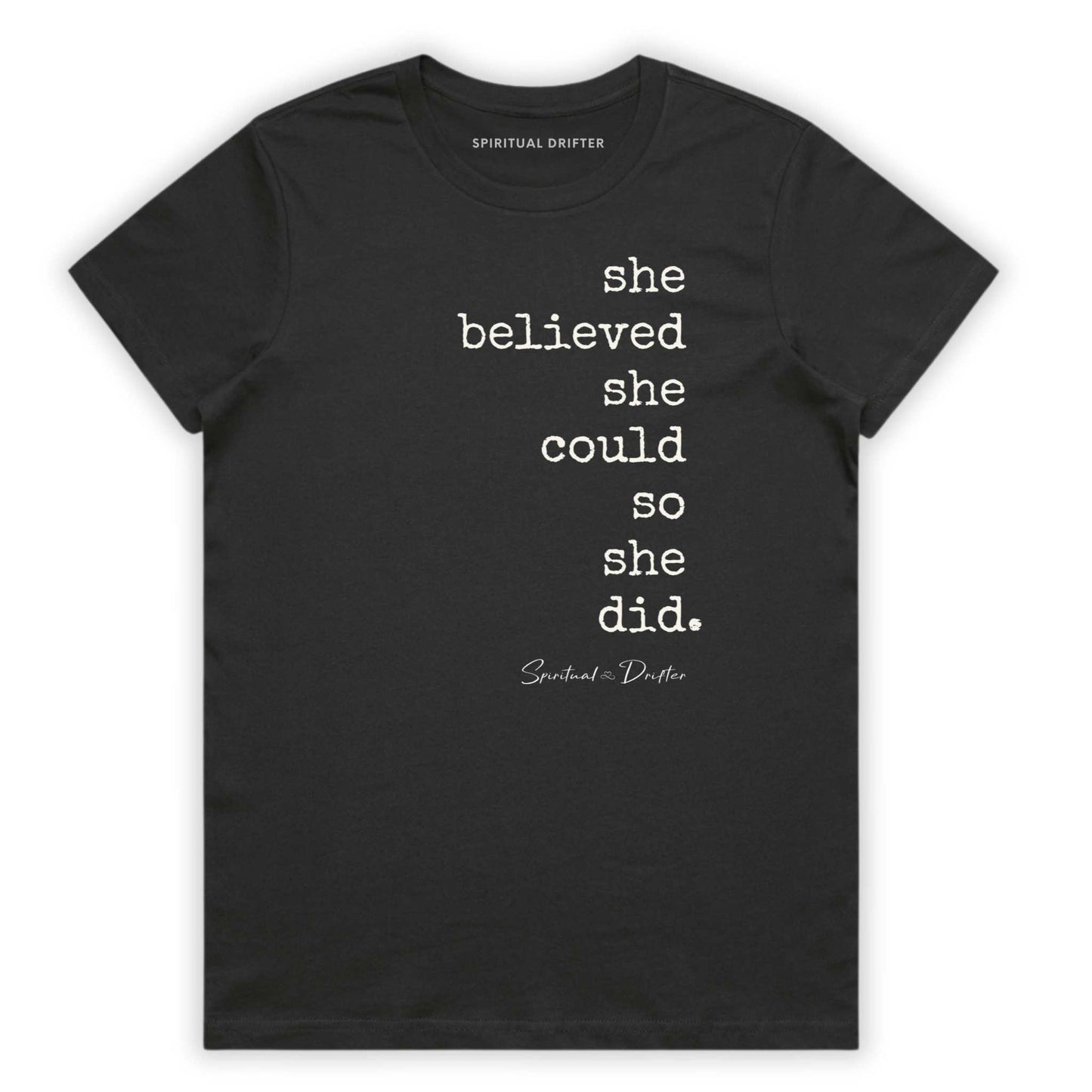 Spiritual Drifter “She Believed she could” graphic 100% cotton t-shirt in grey. Spiritual lifestyle, positive vibes, aligned, positive mindset, conscious living & yoga clothing. Spiritual apparel inspired by modern mysticism, meditation, matcha, manifestation and sacred medicine and conscious living. Yoga and meditation clothing for awakened souls.
