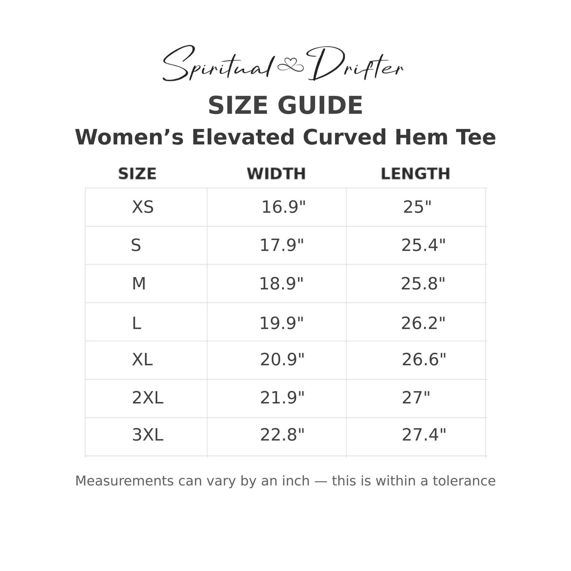 Size guide for Women's Elevated Curved Hem Tee by Spiritual Drifter on a white background