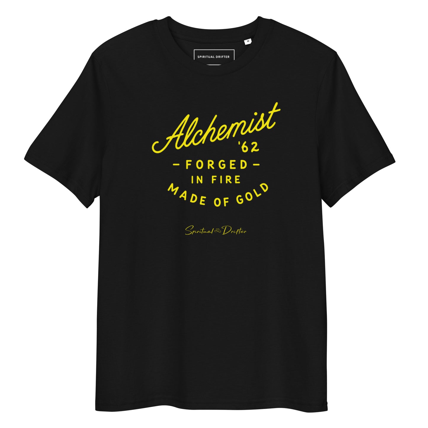 Spiritual Drifter “Alchemist Forged in Fire” graphic unisex organic cotton t-shirt in black – elevated spiritual apparel inspired by mindfulness, manifestation, coherence, meditation, and living in a state of initiation.
