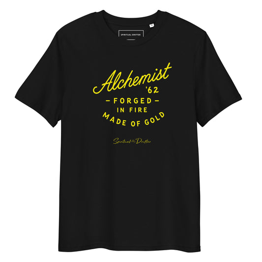 Spiritual Drifter “Alchemist Forged in Fire” graphic unisex organic cotton t-shirt in black – elevated spiritual apparel inspired by mindfulness, manifestation, coherence, meditation, and living in a state of initiation.
