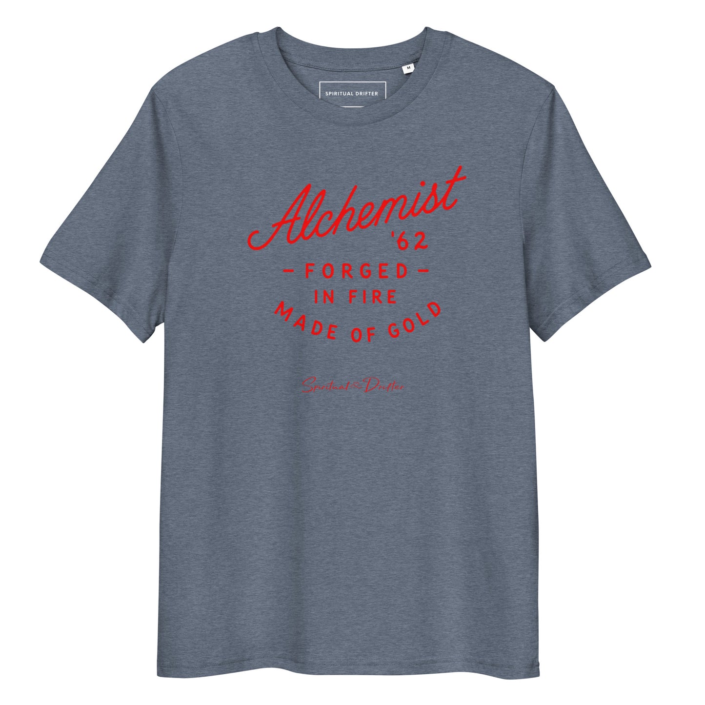 Spiritual Drifter “Alchemist Forged in Fire” graphic unisex organic cotton t-shirt in heather blue – elevated spiritual apparel inspired by mindfulness, manifestation, coherence, meditation, and living in a state of initiation.
