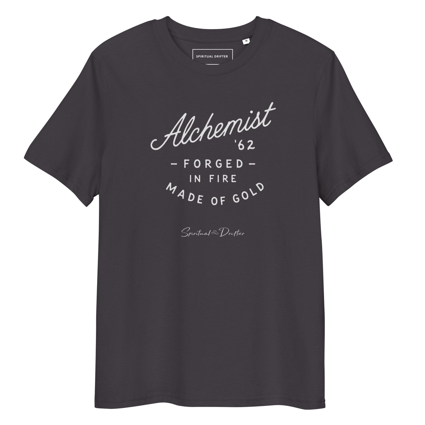 Spiritual Drifter “Alchemist Forged in Fire” graphic unisex organic cotton t-shirt in gray – elevated spiritual apparel inspired by mindfulness, manifestation, coherence, meditation, and living in a state of initiation.
