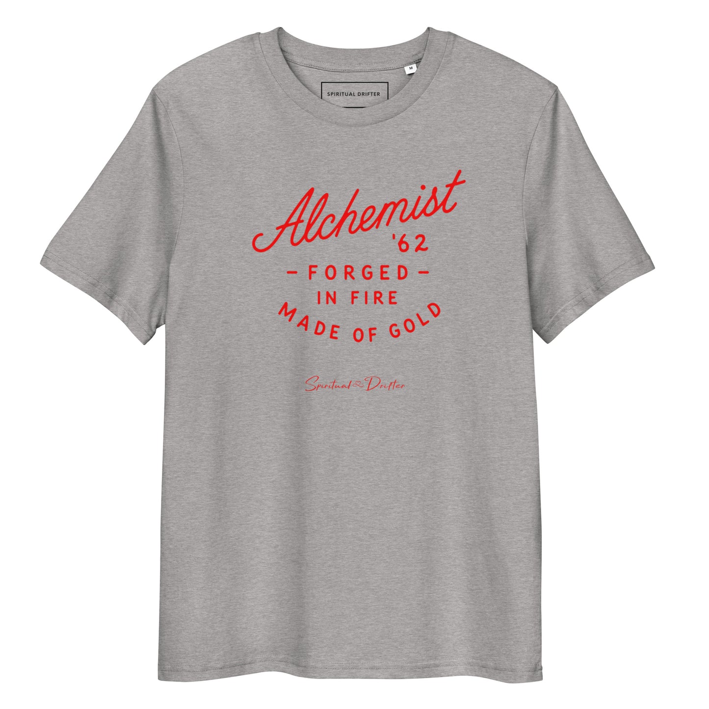 Spiritual Drifter “Alchemist Forged in Fire” graphic unisex organic cotton t-shirt in heather gray – elevated spiritual apparel inspired by mindfulness, manifestation, coherence, meditation, and living in a state of initiation.
