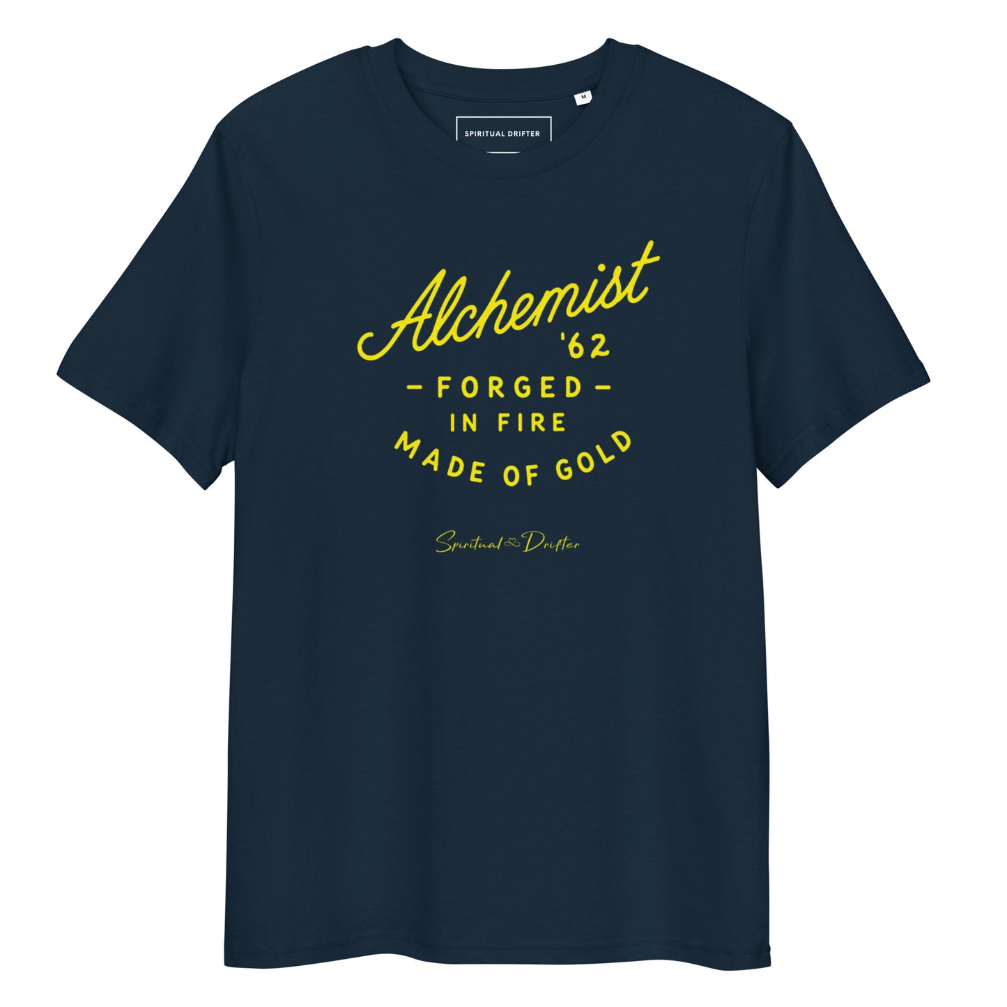 Spiritual Drifter “Alchemist Forged in Fire” graphic unisex organic cotton t-shirt in navy – elevated spiritual apparel inspired by mindfulness, manifestation, coherence, meditation, and living in a state of initiation.
