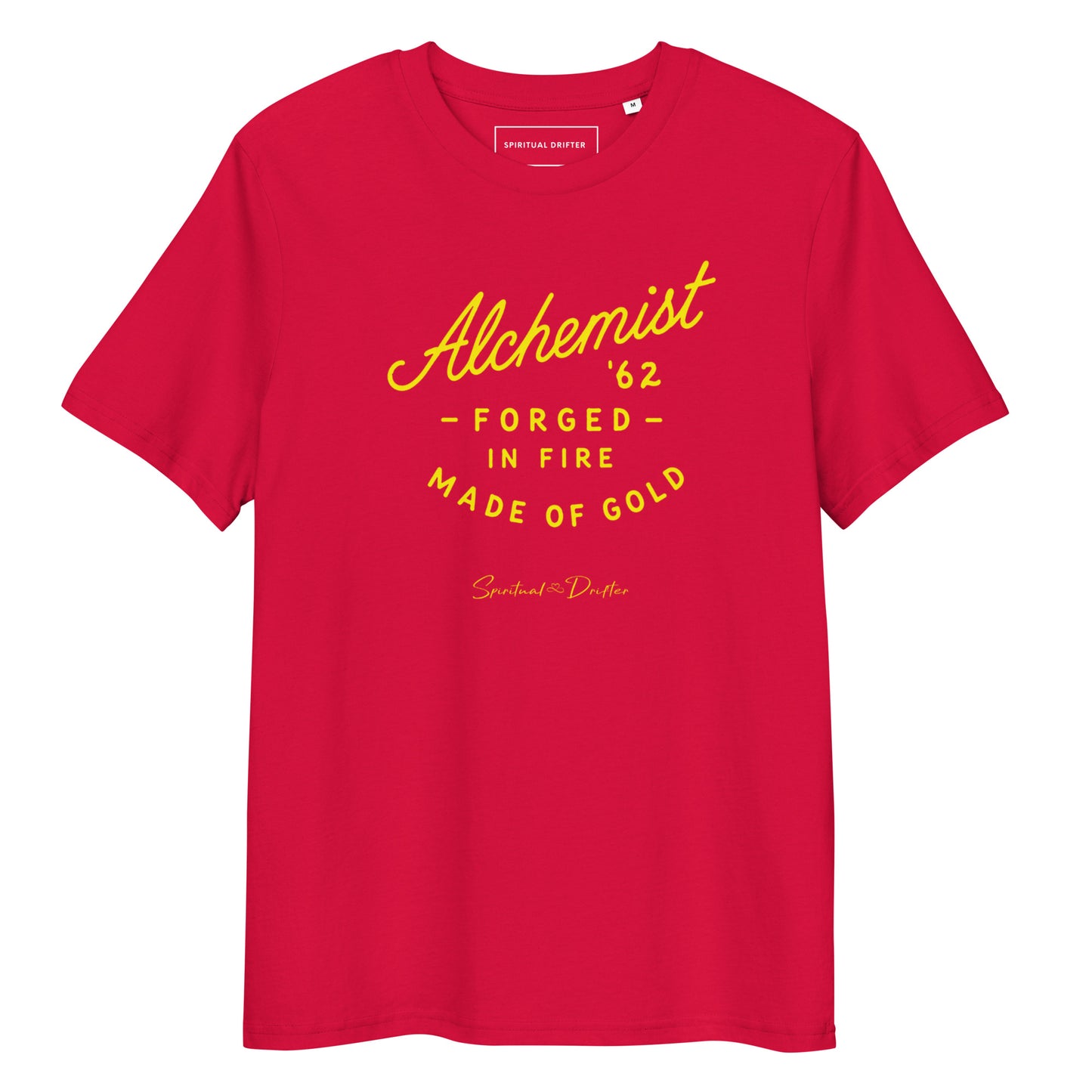 Spiritual Drifter “Alchemist Forged in Fire” graphic unisex organic cotton t-shirt in red – elevated spiritual apparel inspired by mindfulness, manifestation, coherence, meditation, and living in a state of initiation.
