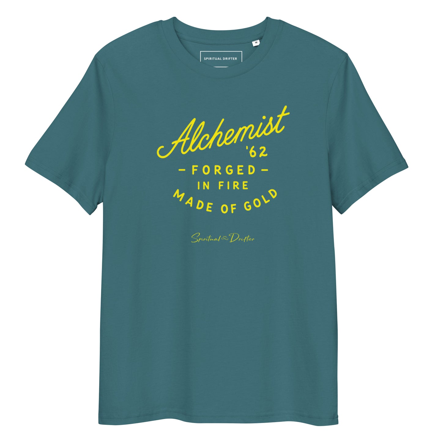 Spiritual Drifter “Alchemist Forged in Fire” graphic unisex organic cotton t-shirt in stargazer green – elevated spiritual apparel inspired by mindfulness, manifestation, coherence, meditation, and living in a state of initiation.
