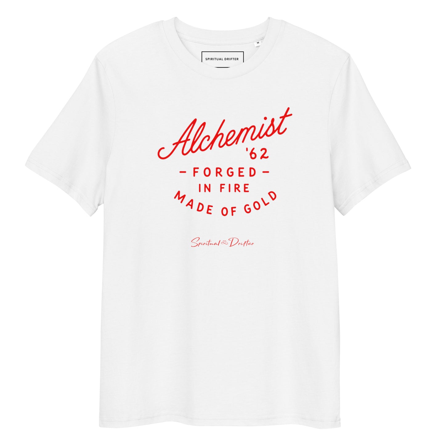 Spiritual Drifter “Alchemist Forged in Fire” graphic unisex organic cotton t-shirt in white – elevated spiritual apparel inspired by mindfulness, manifestation, coherence, meditation, and living in a state of initiation.

