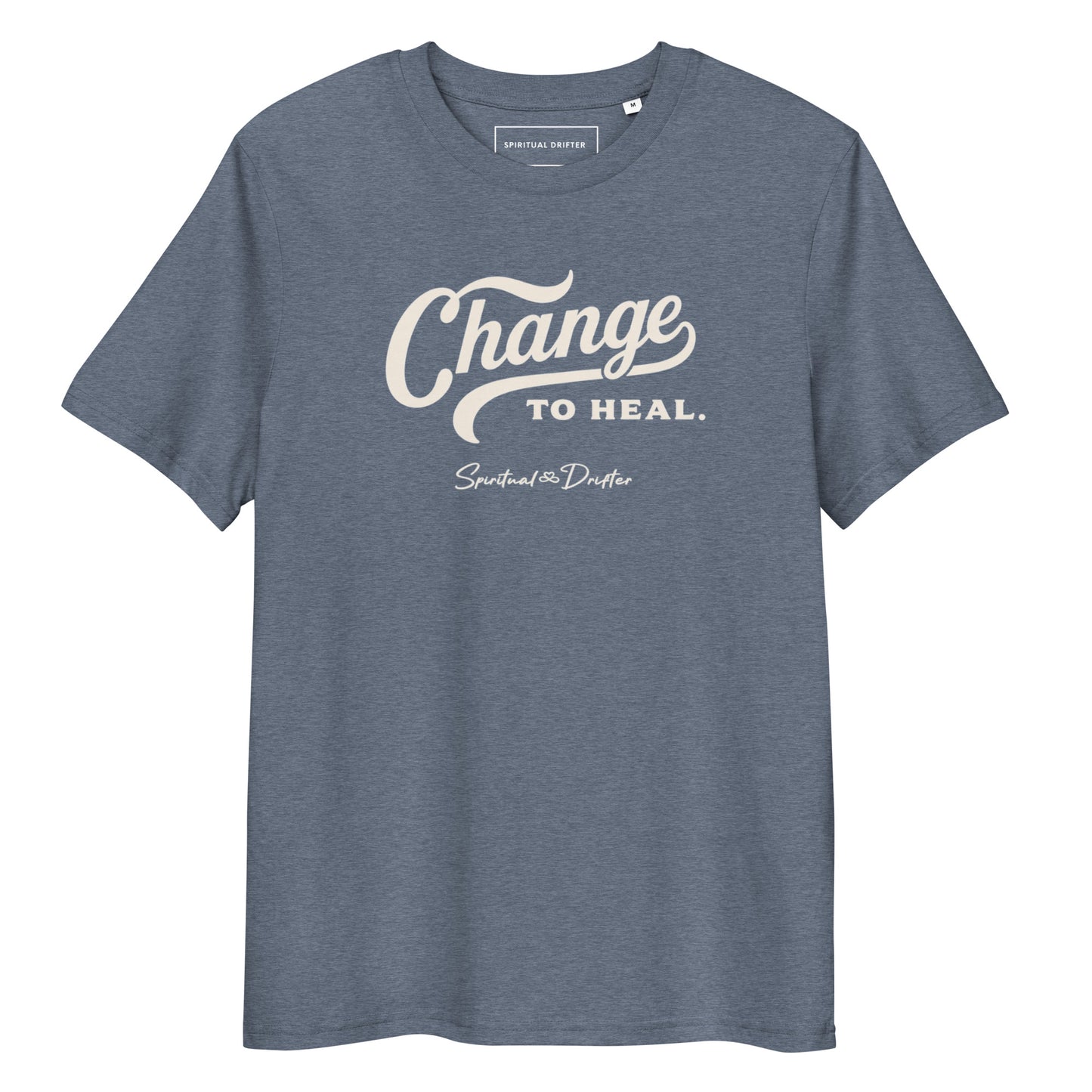 Spiritual Drifter “Change to Heal” graphic unisex organic cotton t-shirt in heather blue – elevated spiritual apparel inspired by mindfulness, manifestation, coherence, meditation, and living in a state of surrender and trust.