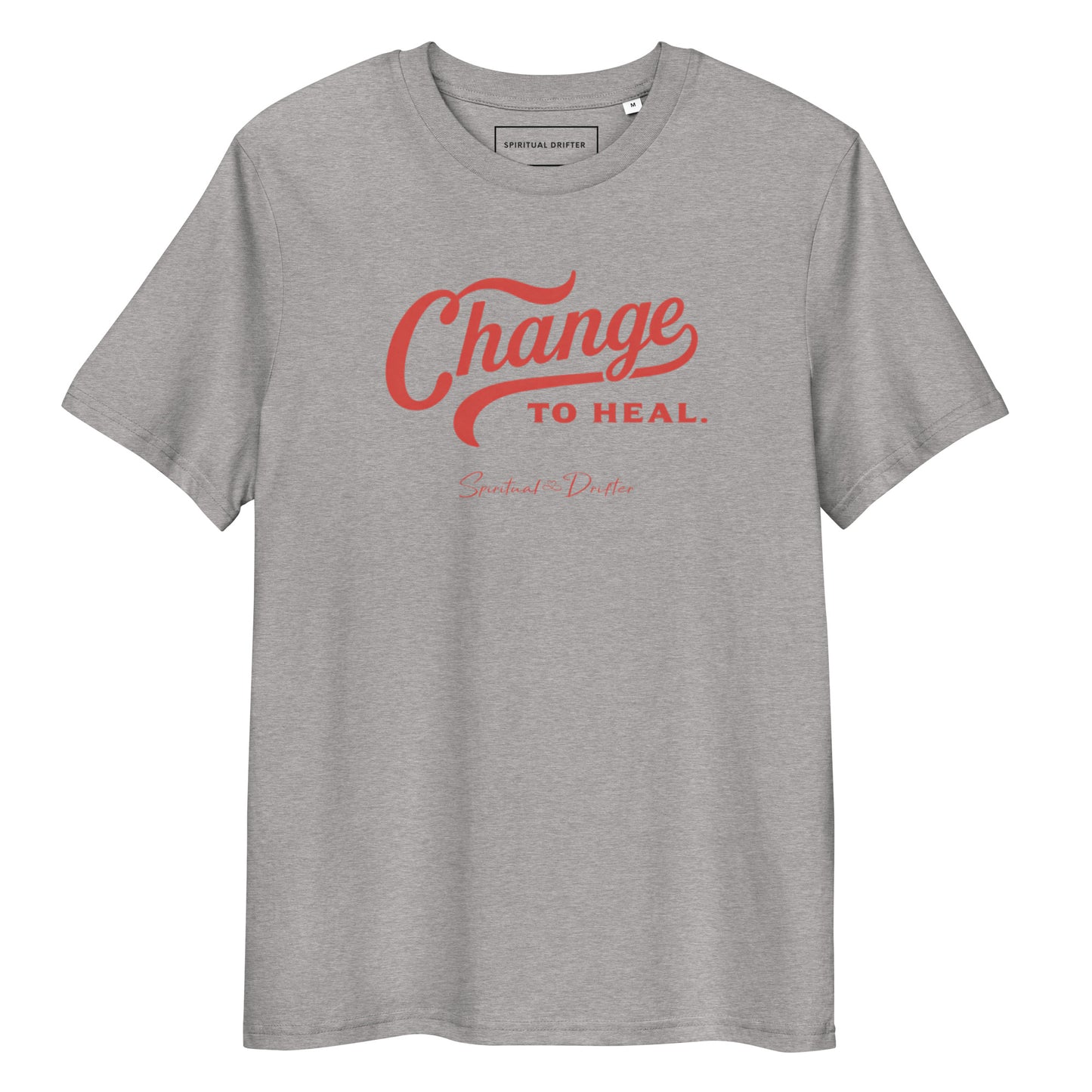 Spiritual Drifter “Change to Heal” graphic unisex organic cotton t-shirt in light heather gray – elevated spiritual apparel inspired by mindfulness, manifestation, coherence, meditation, and living in a state of surrender and trust.