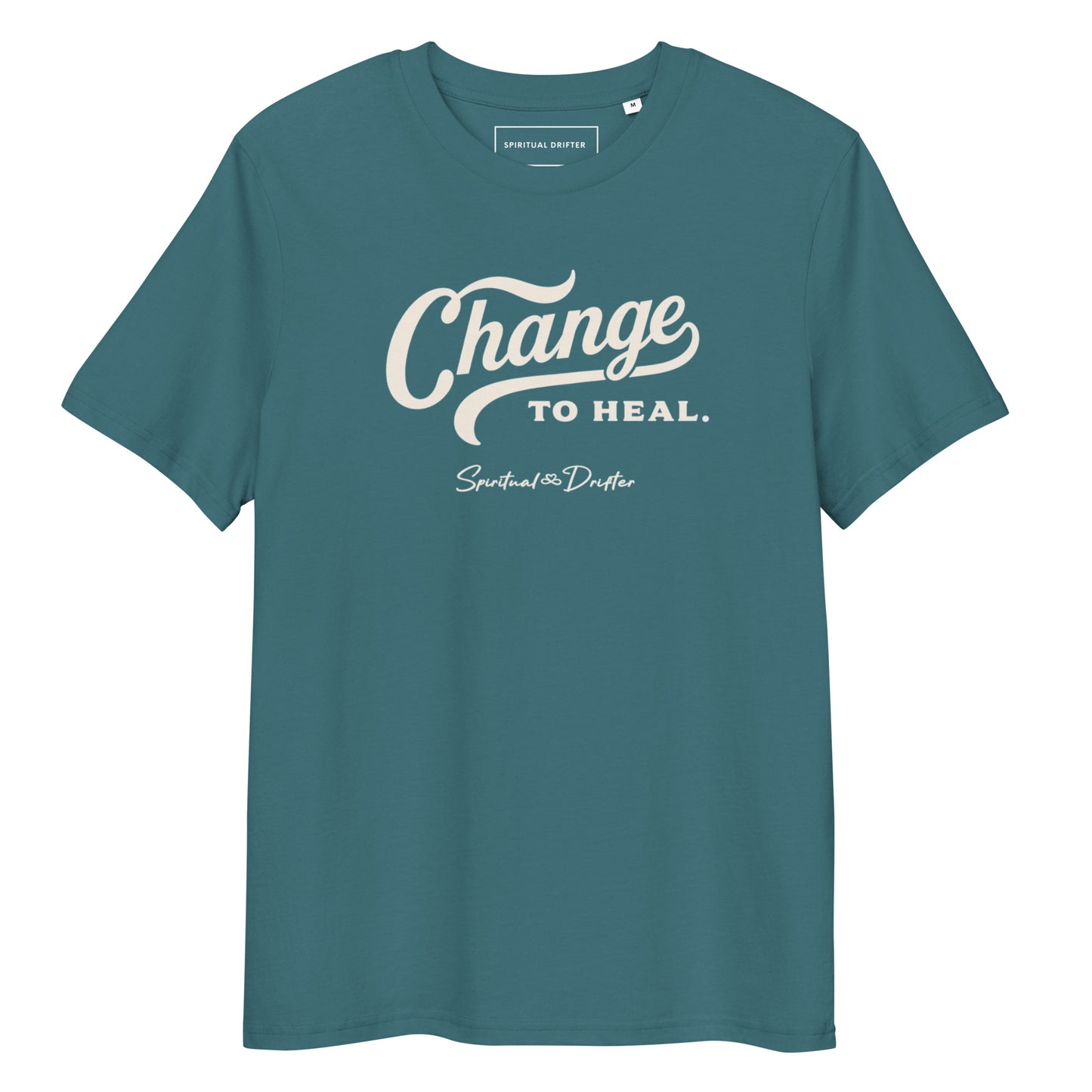 Spiritual Drifter “Change to Heal” graphic unisex organic cotton t-shirt in stargazer green – elevated spiritual apparel inspired by mindfulness, manifestation, coherence, meditation, and living in a state of surrender and trust.