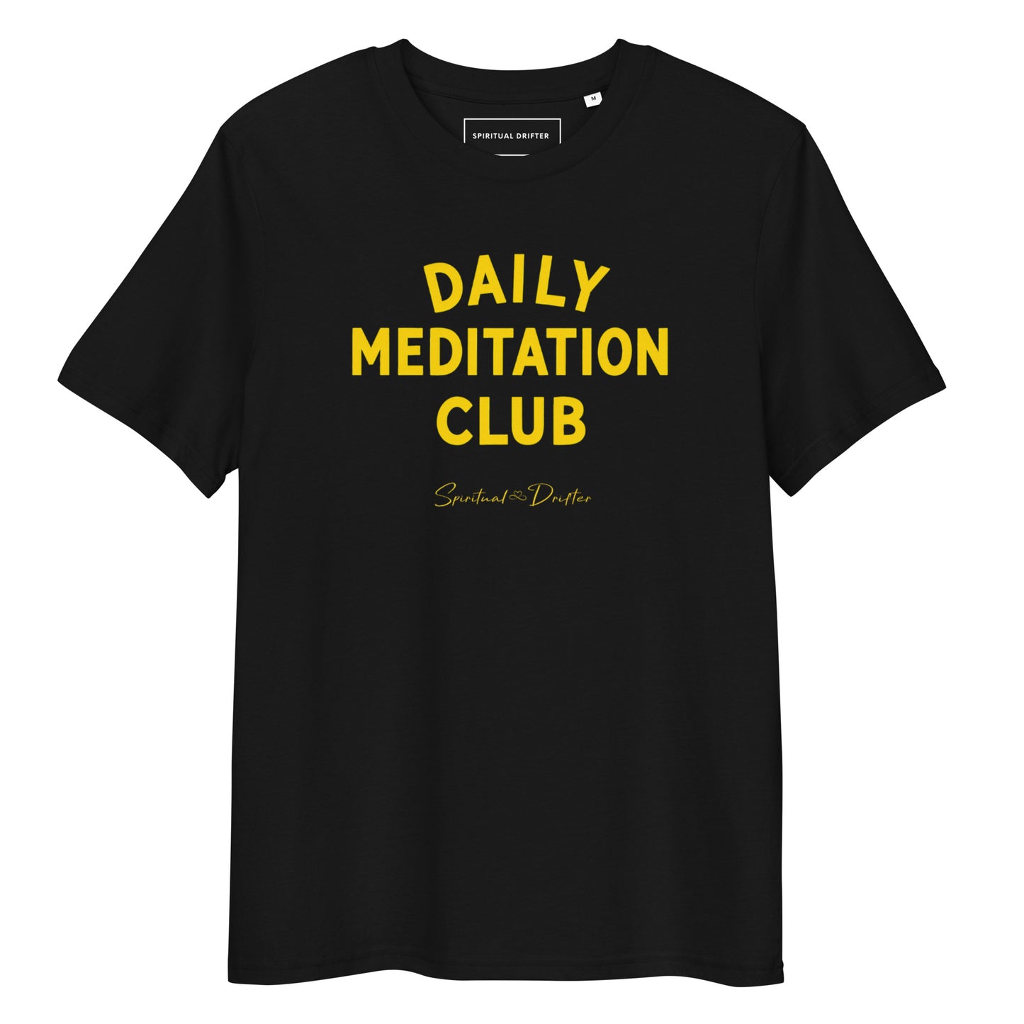 Spiritual Drifter “Daily Meditation Club” graphic unisex organic cotton t-shirt in black – elevated spiritual apparel inspired by mindfulness, manifestation, coherence, meditation, and living in a state of surrender and love.