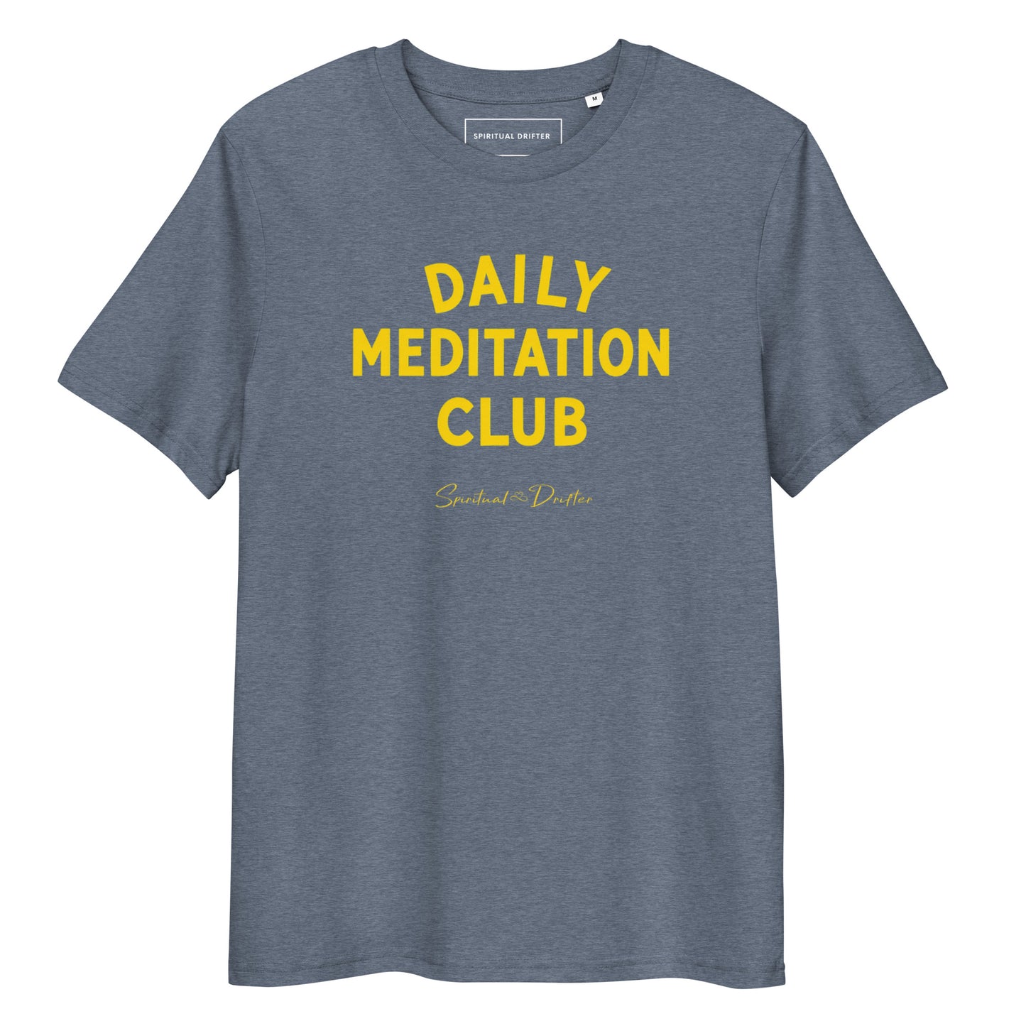Spiritual Drifter “Daily Meditation Club” graphic unisex organic cotton t-shirt in heather blue – elevated spiritual apparel inspired by mindfulness, manifestation, coherence, meditation, and living in a state of surrender and love.