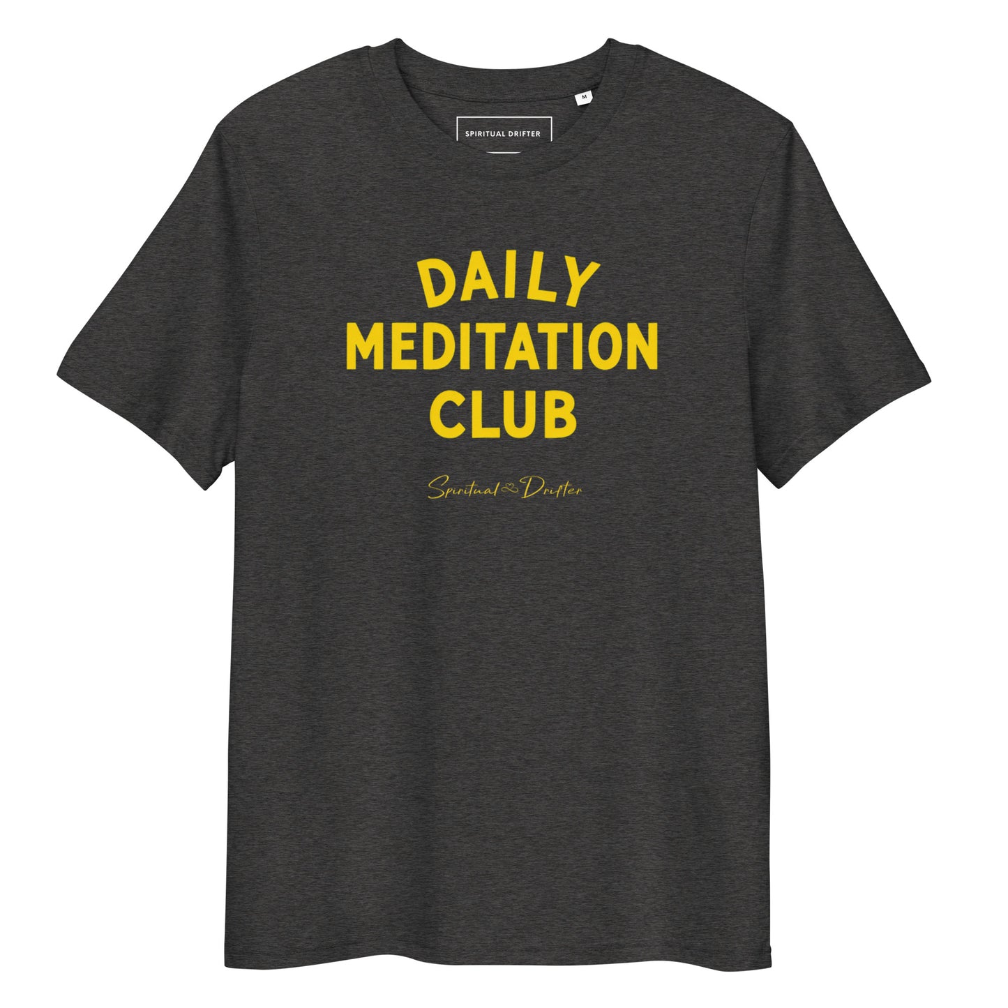 Spiritual Drifter “Daily Meditation Club” graphic unisex organic cotton t-shirt in dark heather gray – elevated spiritual apparel inspired by mindfulness, manifestation, coherence, meditation, and living in a state of surrender and love.