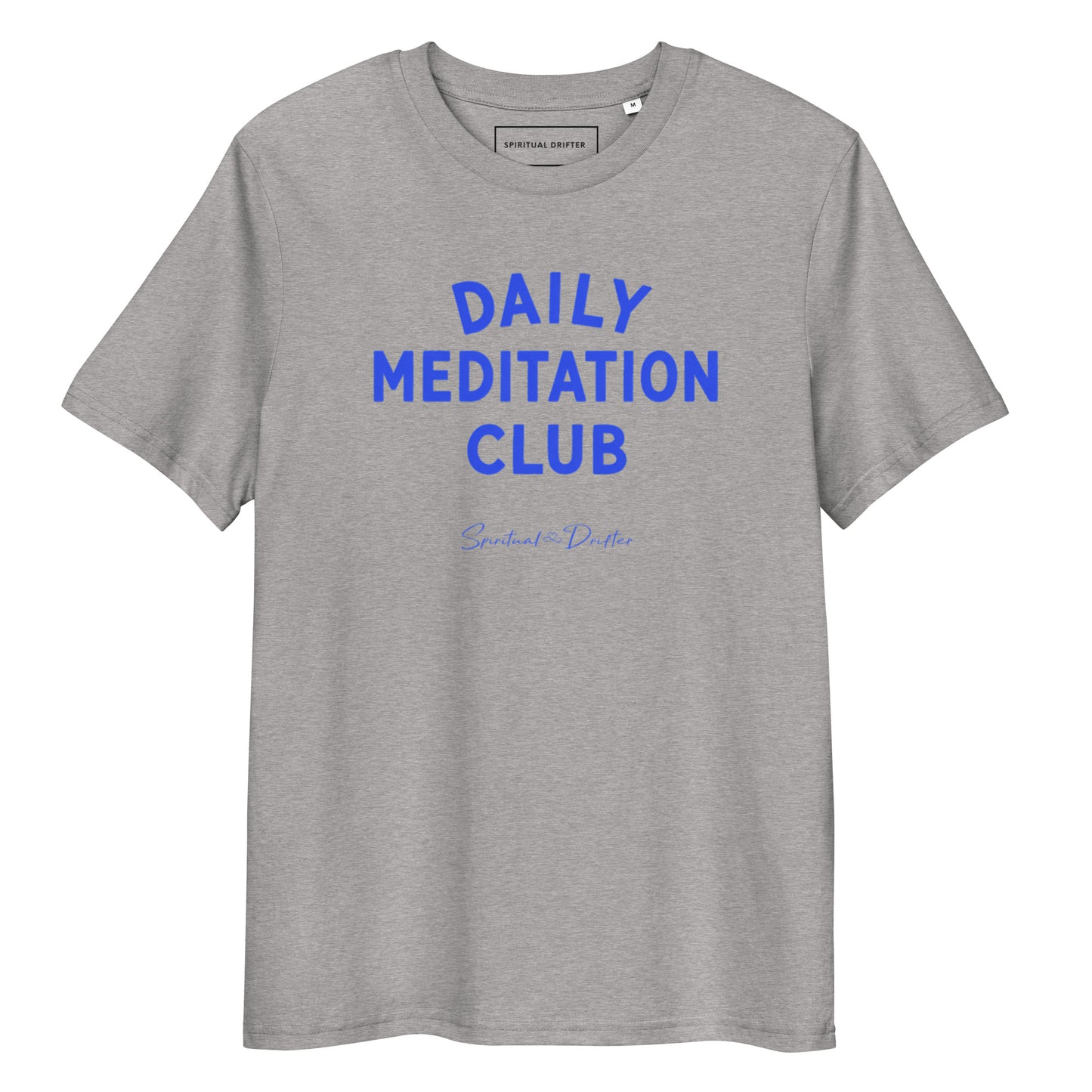 Spiritual Drifter “Daily Meditation Club” graphic unisex organic cotton t-shirt in heather grey – elevated spiritual apparel inspired by mindfulness, manifestation, coherence, meditation, and living in a state of surrender and love.