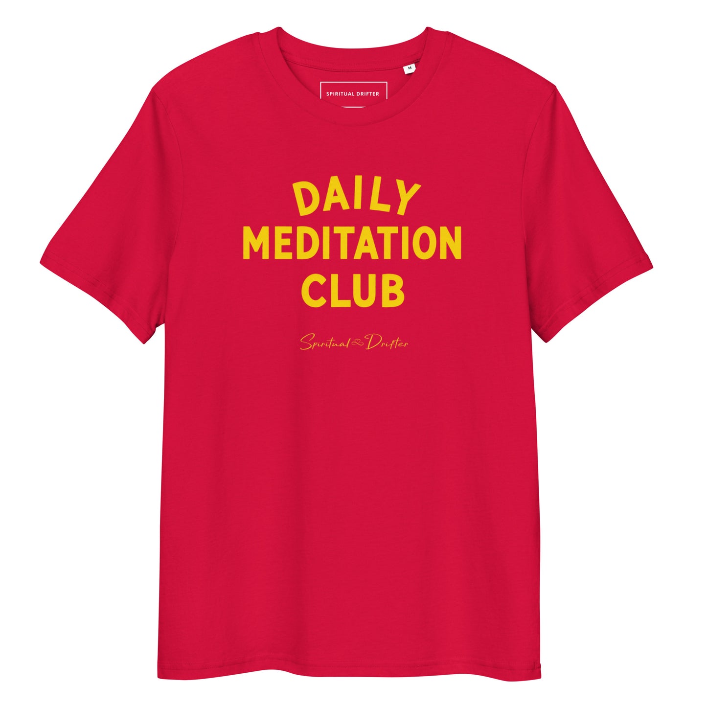 Spiritual Drifter “Daily Meditation Club” graphic unisex organic cotton t-shirt in red – elevated spiritual apparel inspired by mindfulness, manifestation, coherence, meditation, and living in a state of surrender and love.