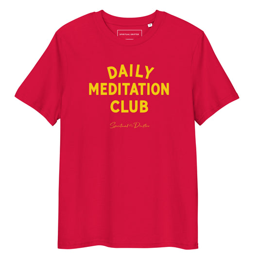Spiritual Drifter “Daily Meditation Club” graphic unisex organic cotton t-shirt in red – elevated spiritual apparel inspired by mindfulness, manifestation, coherence, meditation, and living in a state of surrender and love.