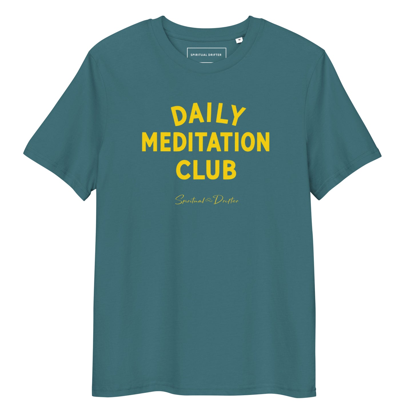 Spiritual Drifter “Daily Meditation Club” graphic unisex organic cotton t-shirt in stargazer – elevated spiritual apparel inspired by mindfulness, manifestation, coherence, meditation, and living in a state of surrender and love.