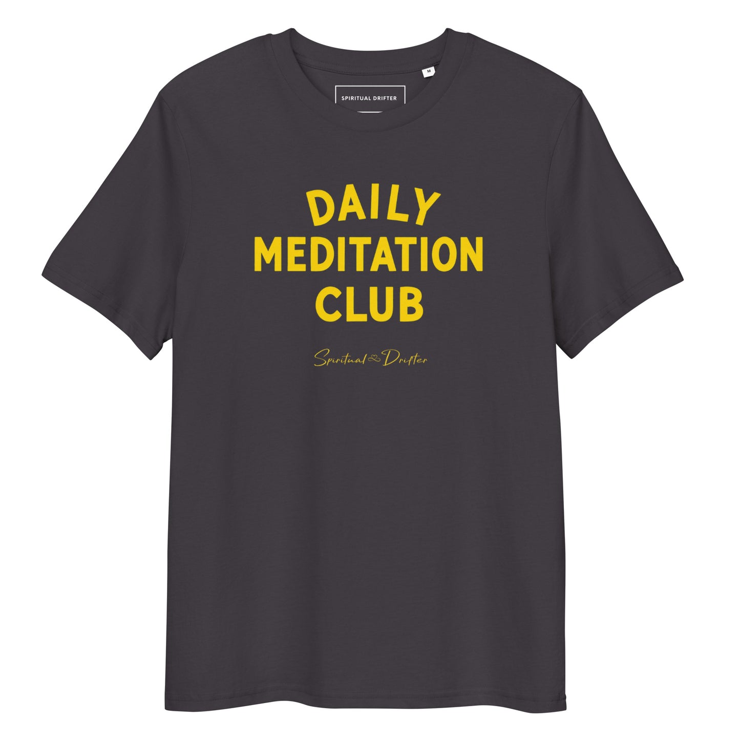 Spiritual Drifter “Daily Meditation Club” graphic unisex organic cotton t-shirt in Steele gray – elevated spiritual apparel inspired by mindfulness, manifestation, coherence, meditation, and living in a state of surrender and love.