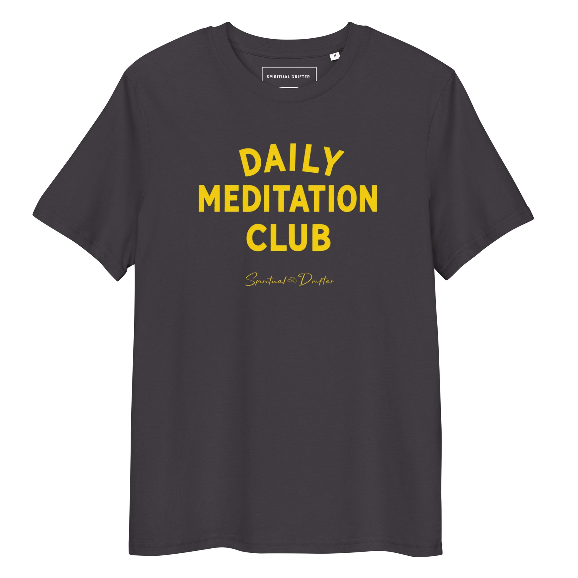 Spiritual Drifter “Daily Meditation Club” graphic unisex organic cotton t-shirt in Steele gray – elevated spiritual apparel inspired by mindfulness, manifestation, coherence, meditation, and living in a state of surrender and love.