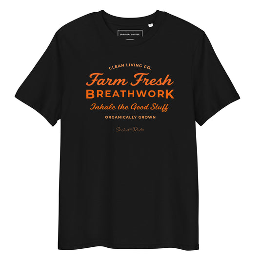 Spiritual Drifter Farm Fresh Breathwork graphic unisex organic cotton t-shirt in black – elevated spiritual apparel inspired by mindfulness, coherence, love and conscious living