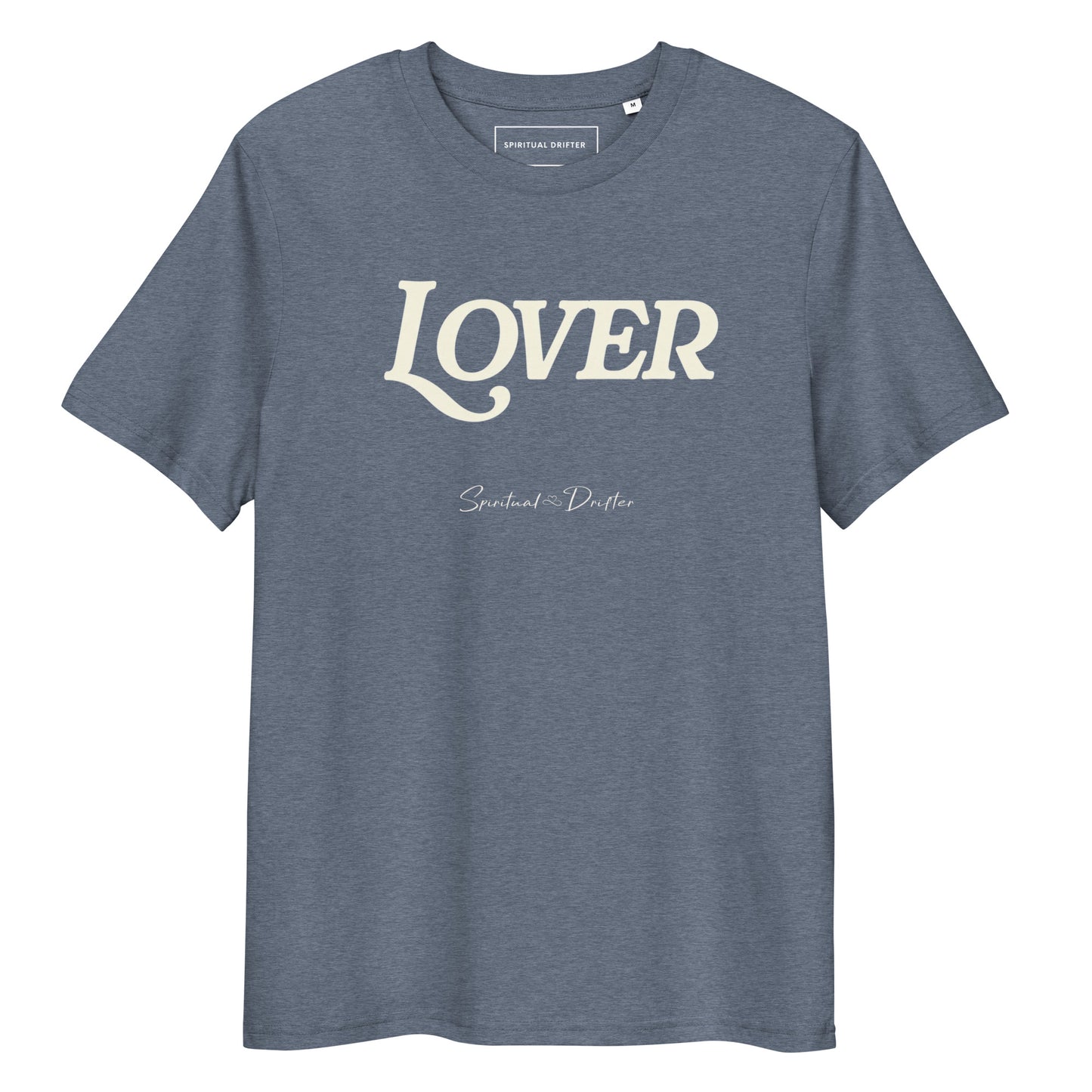 Spiritual Drifter “Lover” graphic unisex organic cotton t-shirt in heather blue – elevated spiritual apparel inspired by mindfulness, manifestation, coherence, meditation, and living in a state of initiation.